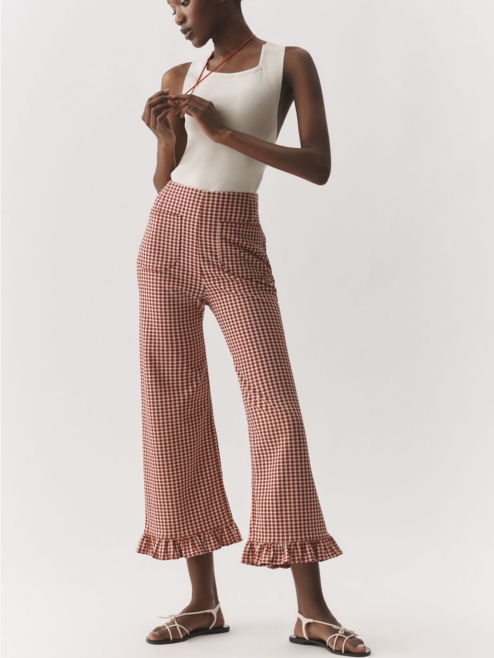 Anthropologie Collette Gingham Ruffle-Hem Wide Leg Pants - Red/White Maeve